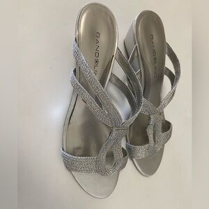 Bandolino, silver sandal, wedge heels, size 6 women’s